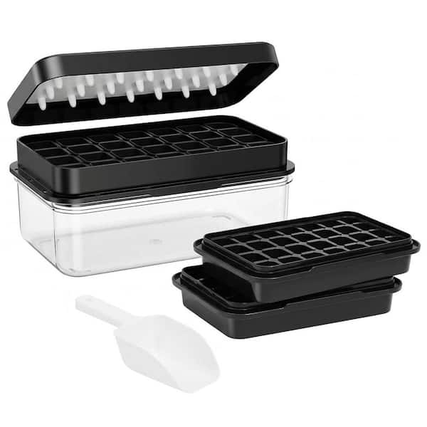 Black Square Ice Mold Ice Cube Tray with Lid, Bin, 2 Trays, BPA Free, Easy Release, Stackable, Anti-Odor