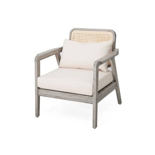 Unbranded Wood Outdoor Lounge Chair with White Cushions, Patio Club Chair for Porch, Garden, Backyard, or Balcony