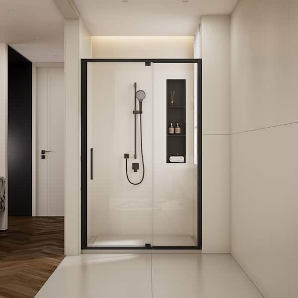 MEDUNJESS DOSH 44 in. to 48 in. W x 76 in. H Pivot Framed Shower Door in Matted Black with 1/4 in. (6 mm) Clear Glass