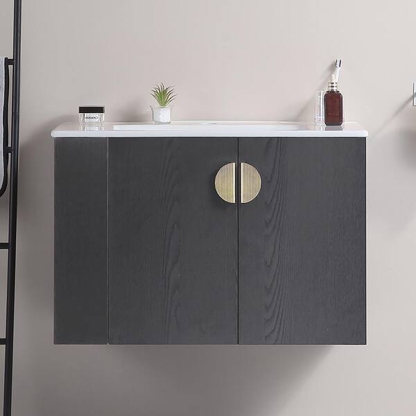 Staykiwi 30 in. W x 18 in. D x 19 in. H Wall Mounted Bath Vanity in Black with White Ceramic Sink Top