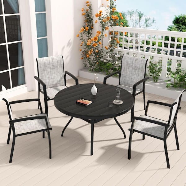 5-Piece Black Metal Round Outdoor Dining Set with Table and 4 Stackable ...