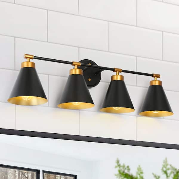 Uolfin 4-Light 29.5 in. Modern Transitional Black Bathroom Vanity Light with Metal Shades, Contemporary Powder Room Wall Light