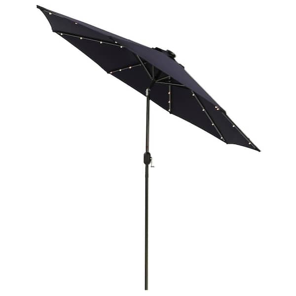 WELLFOR Large 9 ft. Market Solar Tilt Patio Umbrella in Navy with 32 LED Lights