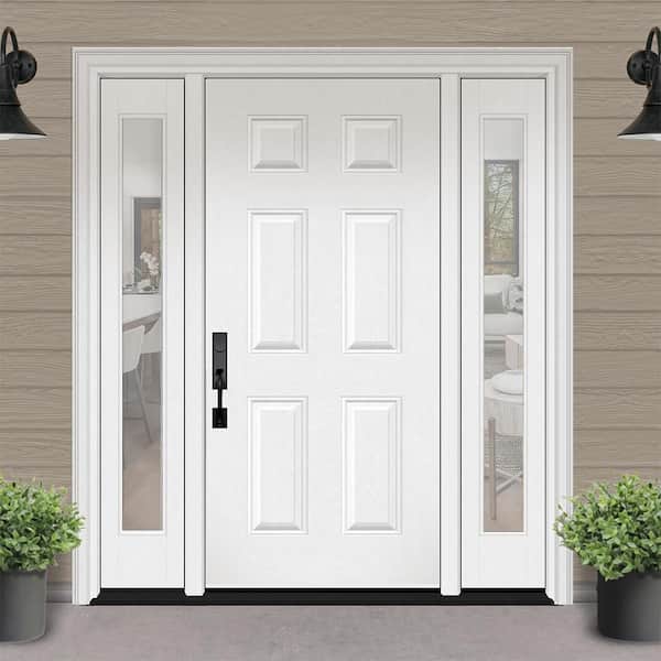Regency 68 in. x 80 in. 6 Panel RHIS Unfinished White Mahogany Fiberglass Prehung Front Door Clear 14 in. SLs 4-9/16