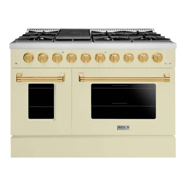 Hallman BOLD 48 in. 6.7 CF 8-Burner Freestanding Double Oven Range LP Gas Stove and Gas Oven, AW - RAL 1013 with Brass Trim