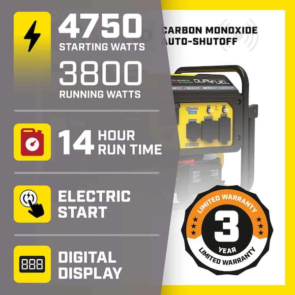 4750/3800-Watt Recoil Start Dual Fuel Gasoline and Propane (LPG) RV Ready Portable Generator with CO Shield, CARB