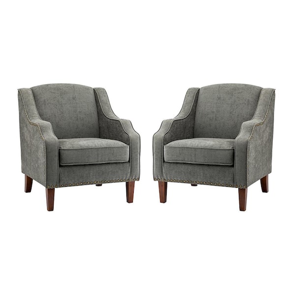 JAYDEN CREATION Mornychus Grey Streamlined Armchair with Nailhead Trim and Removable Cushion (Set of 2)