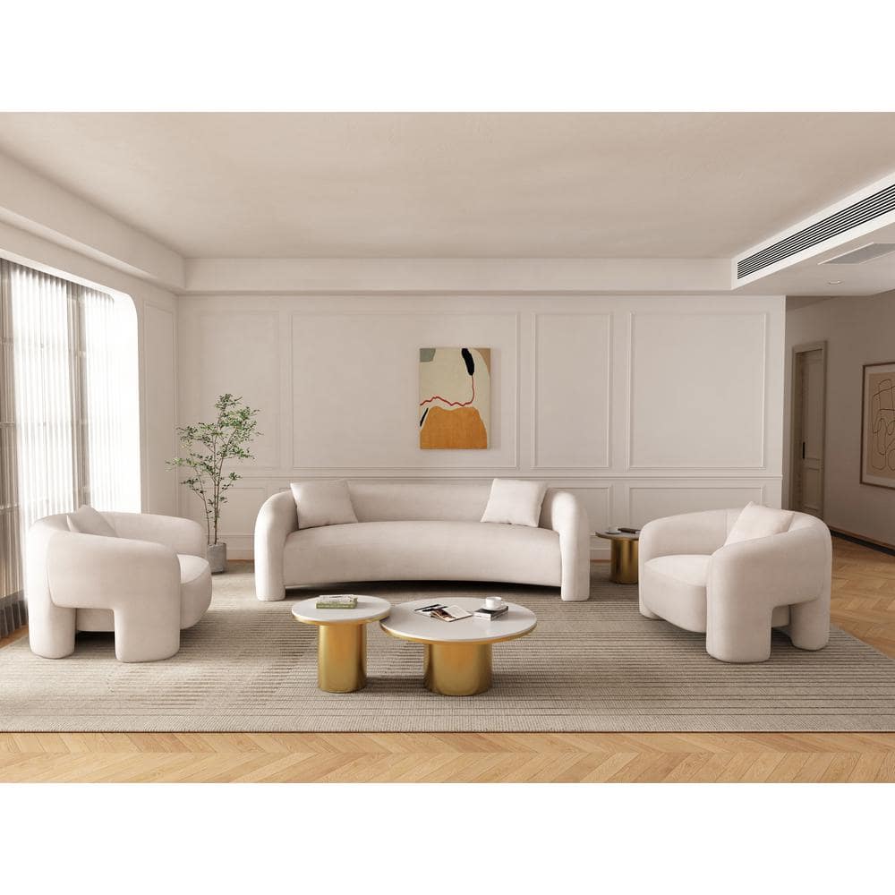 Sylvia 3-Piece Beige Tweed Sofa and Accent Chairs Set with Pine Wood Frame