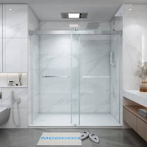 61-66.75 in. W x 76 in. H Double Sliding Frameless Soft Close Shower Door in Brushed Nickel with 3/8 in. Clear Glass