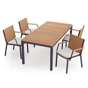 Monterey 5 Piece Aluminum Teak Outdoor Patio Dining Set in Canvas Natural Cushions with 72 in. Table