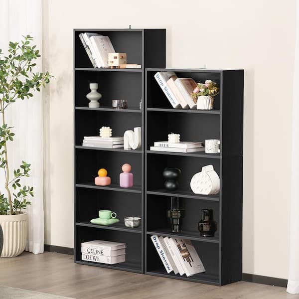 Tileon 6-Shelf Black Freestanding MDF Open Bookcase, Pantry
