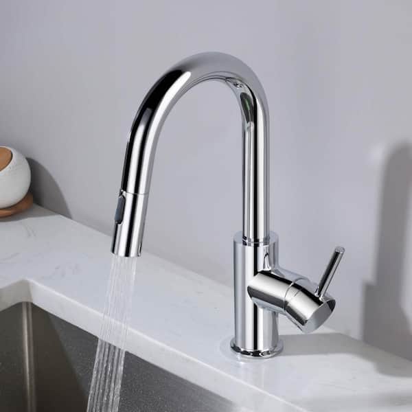 Circular Single Handle Pull Down Kitchen and Bar Sink Faucet with Soap Dispenser-Chrome