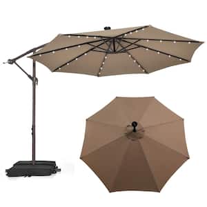 10 ft. Cantilever Hanging Offset 32 LED Lights Sand Bag Outdoor Cross Base Patio Umbrella in Coffee