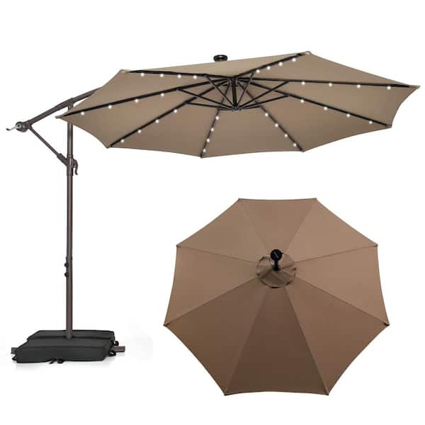 Costway 10 ft. Cantilever Hanging Offset 32 LED Lights Sand Bag Outdoor Cross Base Patio Umbrella in Coffee