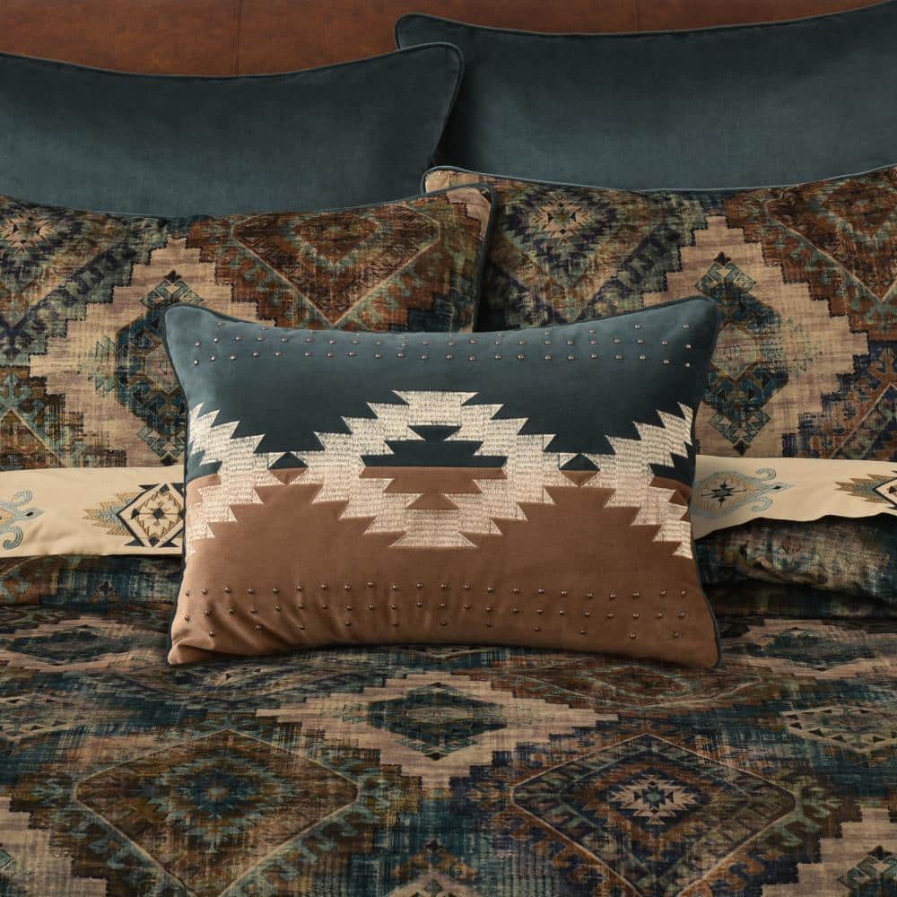 Teal and Beige Embroidered Polyester Lumbar Throw Pillow