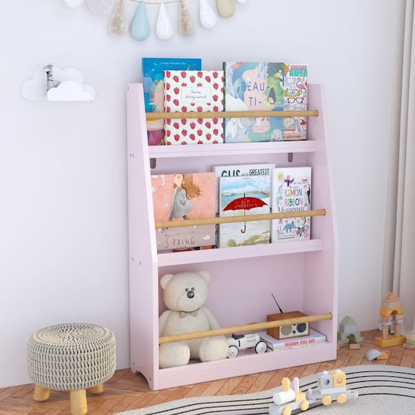 Mero 31.88 in. Tall Pink MDF Wood 3-Tier Freestanding Kids Bookcase with Open Shelves
