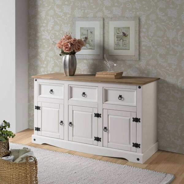 OS Home and Office Furniture Cottage Series Distressed White Wood Pine 49.25 in. Buffet Sideboard with 3 drawers and 3 doors COW388 The Home Depot