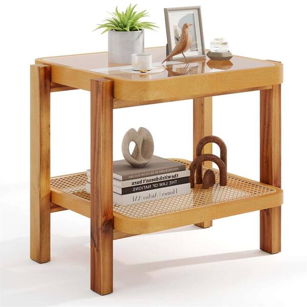 Costway 22 in. Natural Rectangle Tempered Glass Top End Table with Acacia Wood Legs Rattan Storage Shelf