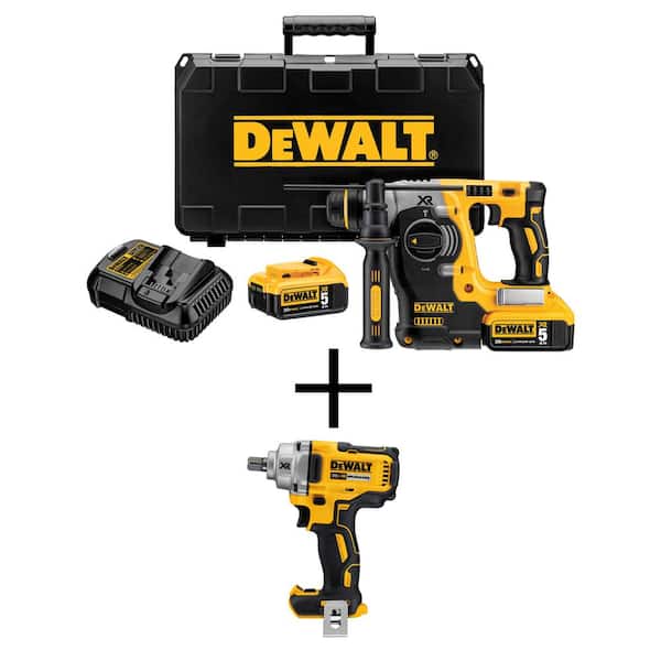 DEWALT 20V MAX XR Lithium-Ion 1 in. Cordless SDS-Plus Brushless L-Shape Concrete/Masonry Rotary Hammer and 20V Impact Wrench