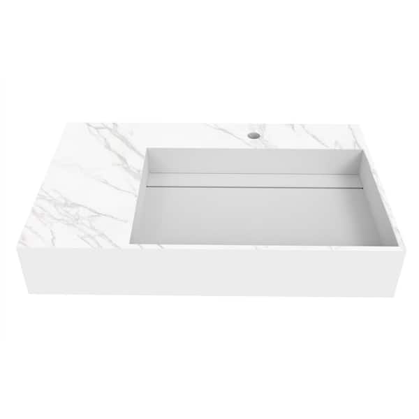30 in. x 18.9 in. x 5.12 in. Wall Mounted Solid Surface Right Side Basin Rectangle Bathroom Sink in Matte White Marble