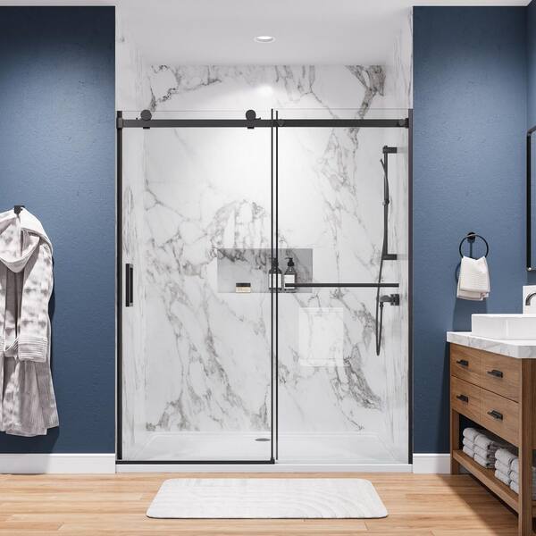 WYonder 60 in. W x 72 in. H Semi Frameless Shower Door in Matte Black with 5/16 in. (8 mm) Clear Glass