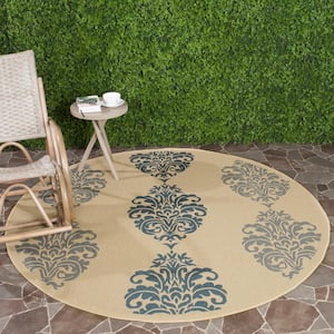 Courtyard Natural/Blue 5 ft. x 5 ft. Round Floral Indoor/Outdoor Patio  Area Rug