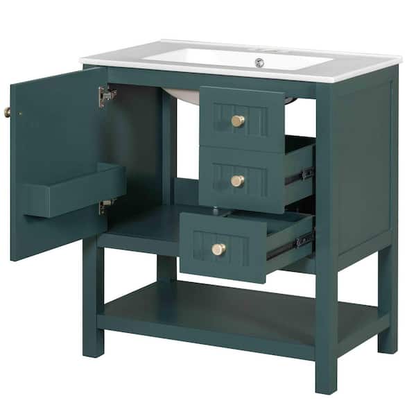 30 in. Single Sink Transitional Style Deep Green Cabinet Bath Vanity with White Ceramic Top