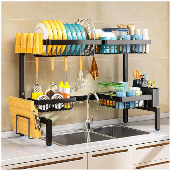 35.4in Adjustable 2-Tier Over Sink Dish Drying Rack with 4 Baskets Complete Kitchen Organizer Black