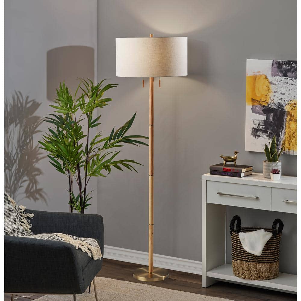 Streamlined Natural Rubberwood Floor Lamp with Antique Brass Accents