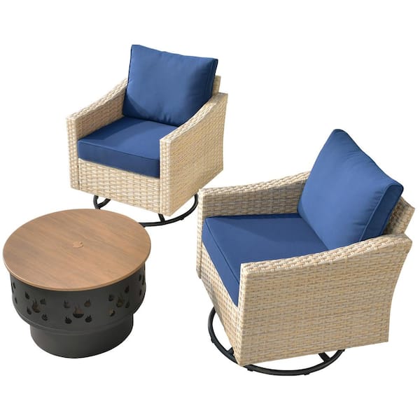 Oconee 3-Piece Wicker Patio Conversation Swivel Rocking Chair Set with a Wood-burning Fire Pit and Navy Blue Cushions