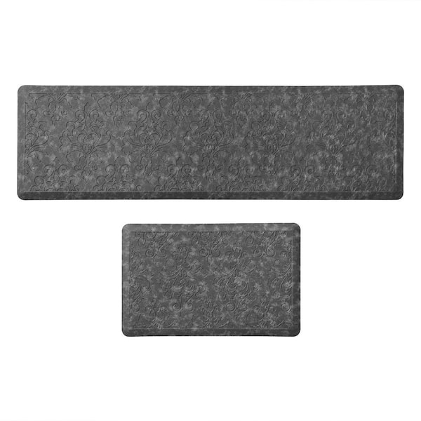 Marni Gray 17.5 in. x 60 in. Floral Synthetic 2-Piece Kitchen Mat Set