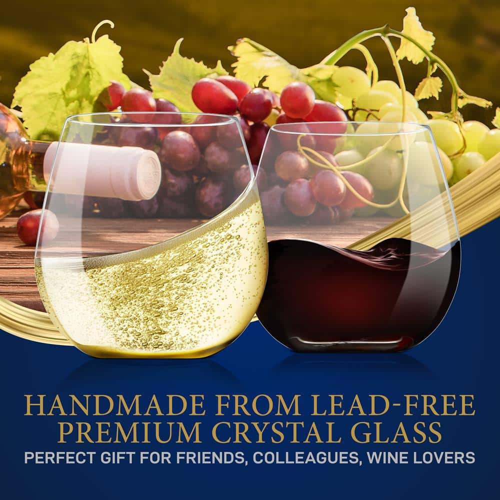 NutriChef 15oz Ultra-Thin Crystal Clear Stemless Wine Glasses Set
