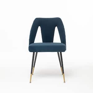 Blue Modern Casual Velvet Upholstered Dining Chair with Nail Head and Golden Pointed Toe Black Metal Legs