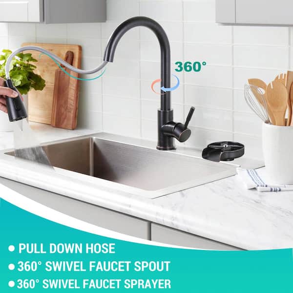 Stainless Steel Single Handle Pull Down Sprayer Kitchen Faucet with 3-Modes Sprayer and Glass Rinser Oil Rubbed Bronze
