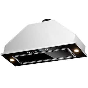 30in. 600 CFM Convertible Insert Range Hood in Stainless Steel in Black Tempered Glass Panel, Carbon Filters, LED Lights