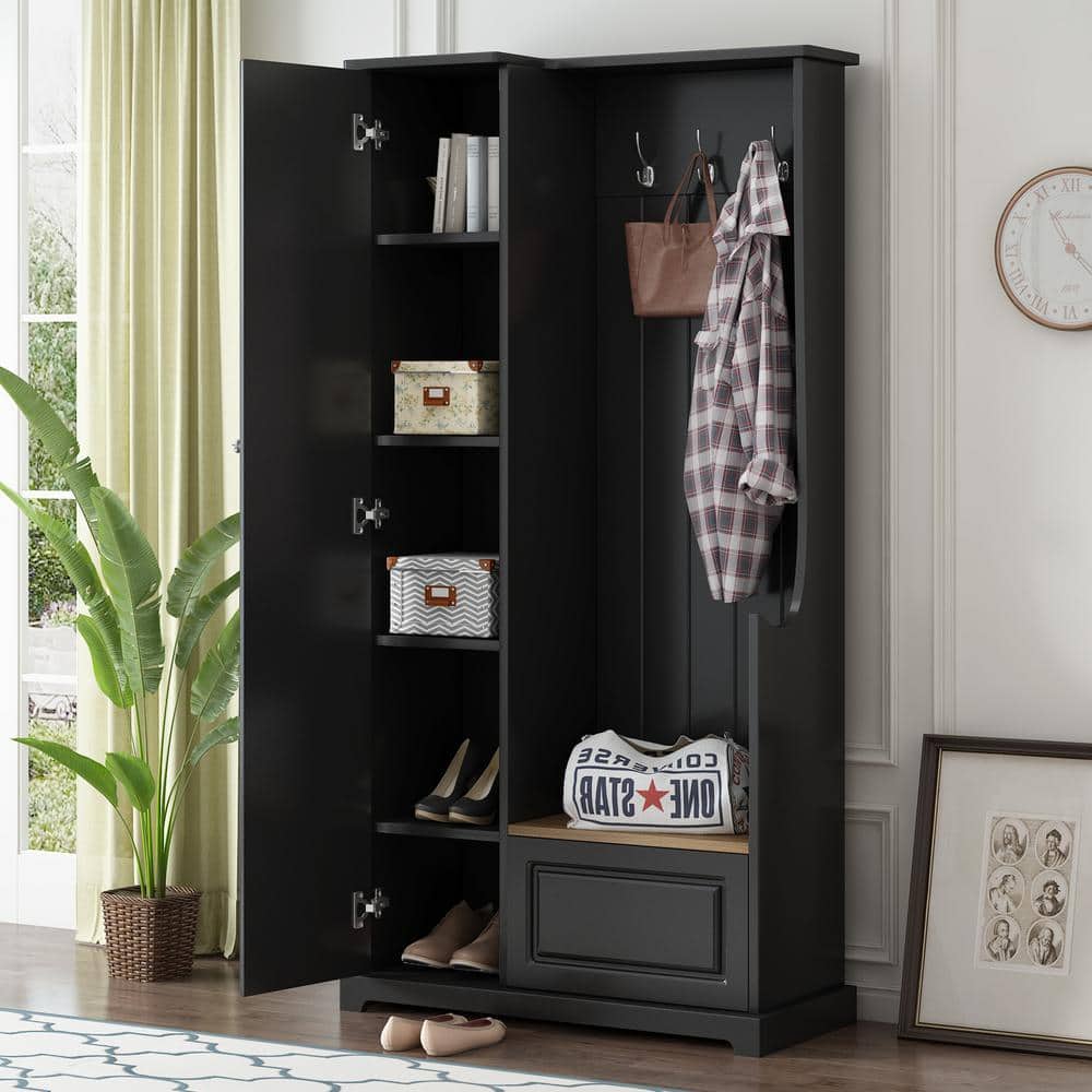 35.55 in. W Black Stylish Design Hall Tree with Flip-Up Bench, Shoe Cabinet