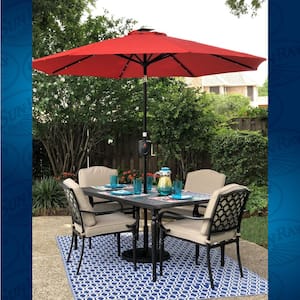 9 ft. Market Round Bluetooth Speaker Solar Lighted Patio Umbrella with Olefin Canopy in Hunter Green