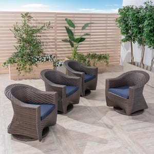 Larchmont Multi-Brown Swivel Metal Outdoor Lounge Chair with Navy Cushion (4-Pack)