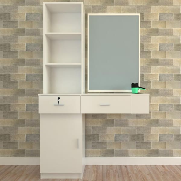 Karl home White Barber Station Wall Mount Salon Hair Styling Beauty Spa Equipment with 2-Drawers, 1-Storage Cabinet, 3-Shelves