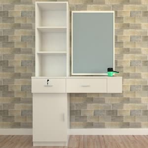 White Barber Station Wall Mount Salon Hair Styling Beauty Spa Equipment with 2-Drawers, 1-Storage Cabinet, 3-Shelves