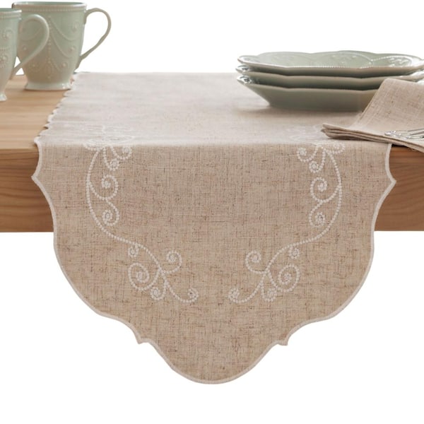 Lenox French Perle Embroidered Runner , Linen - 14"W x 70"L