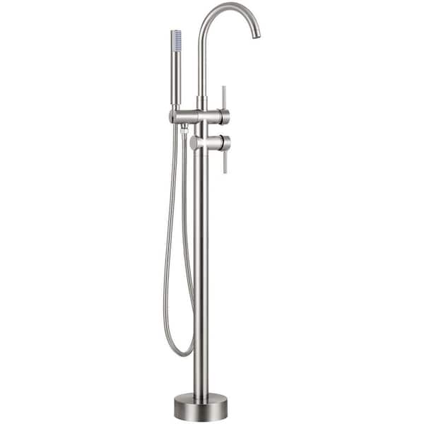 Waterfall 2-Handle Floor Mount Freestanding Tub Faucet Bathtub Filler with Hand Shower in Brushed Nickel