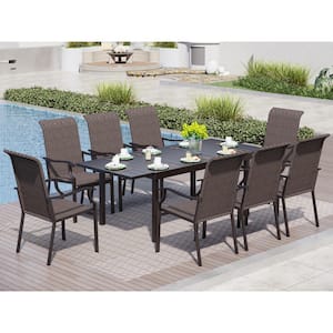 9-Piece Metal Patio Outdoor Dining Set with Expandable Table and Brown Rattan High Back Chairs