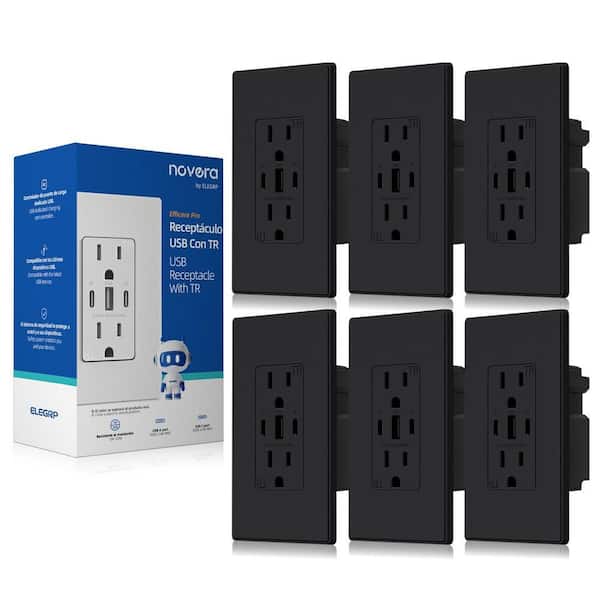 30W 6.0 Amp 3-Port USB Wall Outlet 15A Duplex Receptacle with Dual Type C and A Ports w/ Wall Plate, Matte Black 6-Piece