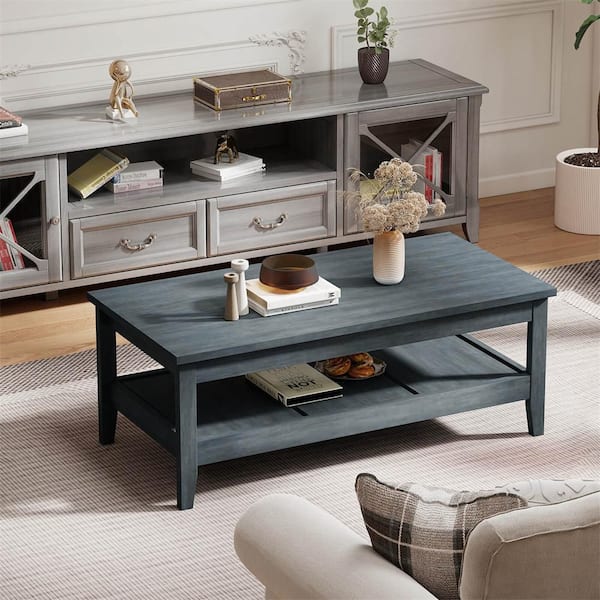 Costway 47 in. Charcoal Blue Rectangle MDF 2-Tier Rectangle Center ...