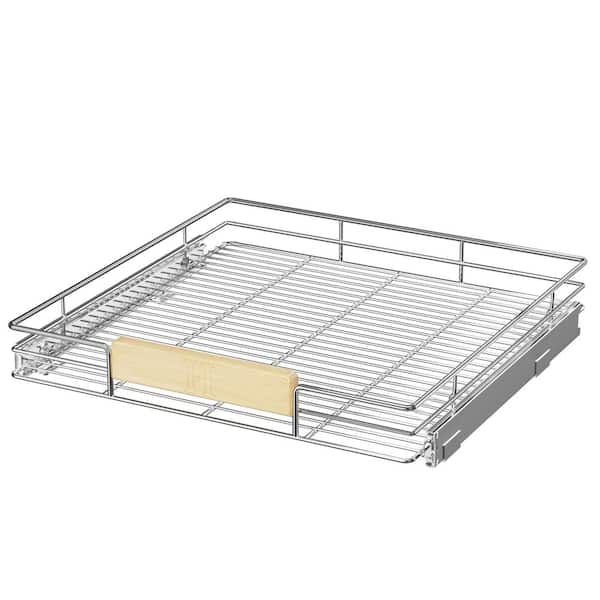 HOMEIBRO Space Saver Silver Metal Pull-Out Organizer for Kitchen Wooden Handle Slide Out Storage