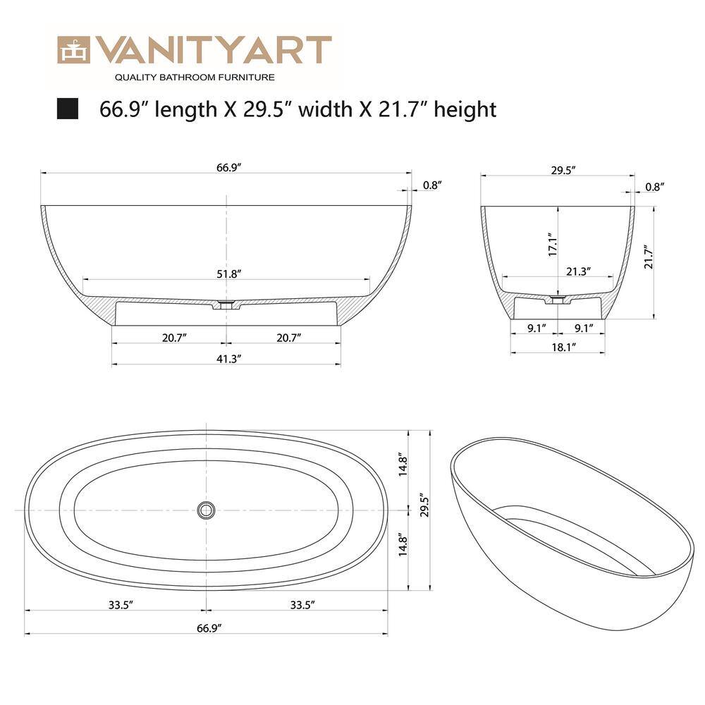 67'' Amber Transparent Resin Freestanding Soaking Bathtub with Chrome Drain