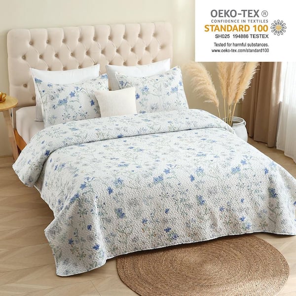 3 Piece Microfiber Reversible Watercolor Blue Flowers Spring Floral Queen Quilt Set Bedspreads Coverlets