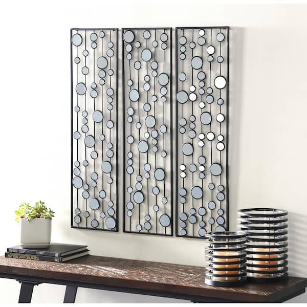Litton Lane Metal Black Geometric Wall Decor with Round Mirror Accents (Set of 3)
