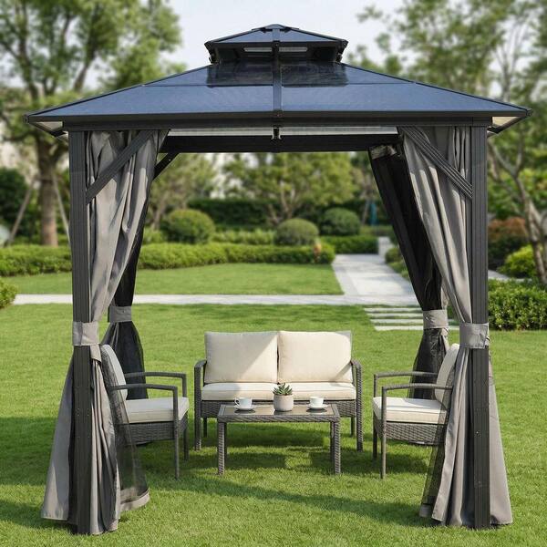 8 ft. x 8 ft. Grey Patio Hardtop Grill Gazebo with UV-Resistant